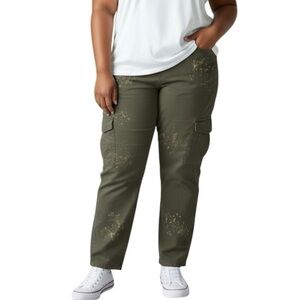 LANE BRYANT Army Green Chino Cargo Pants Gold Paint Splatter